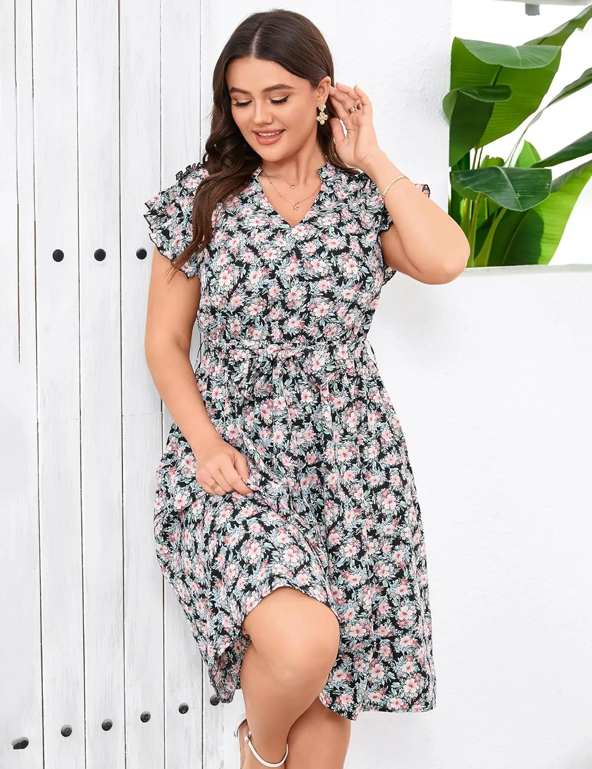 BLUEMING Women's Plus Size Summer Floral Dress V-Neck A-Line Cap Sleeve Belted Waist Midi Dress with Pockets