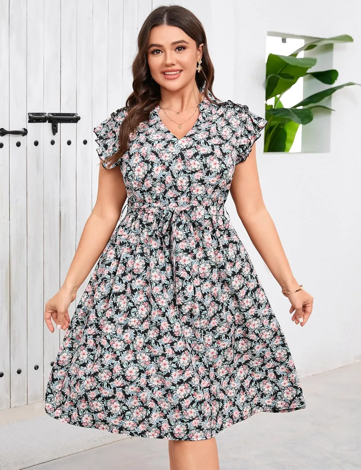 BLUEMING Women's Plus Size Summer Floral Dress V-Neck A-Line Cap Sleeve Belted Waist Midi Dress with Pockets