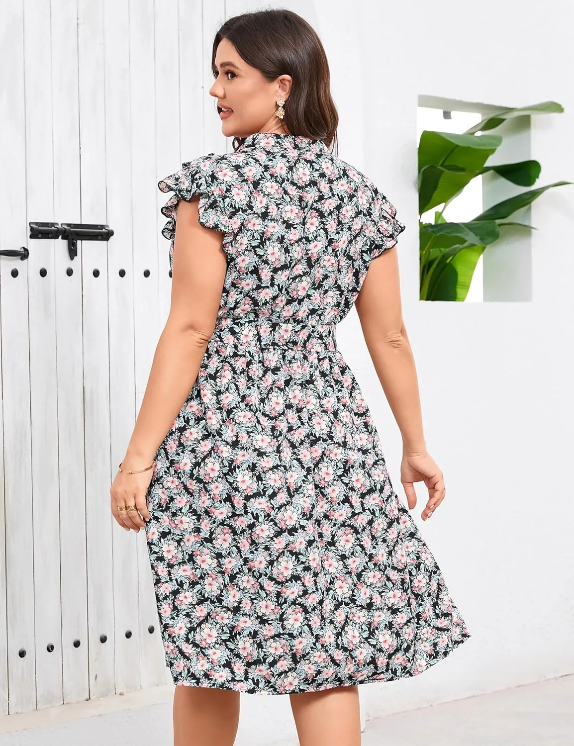 BLUEMING Women's Plus Size Summer Floral Dress V-Neck A-Line Cap Sleeve Belted Waist Midi Dress with Pockets