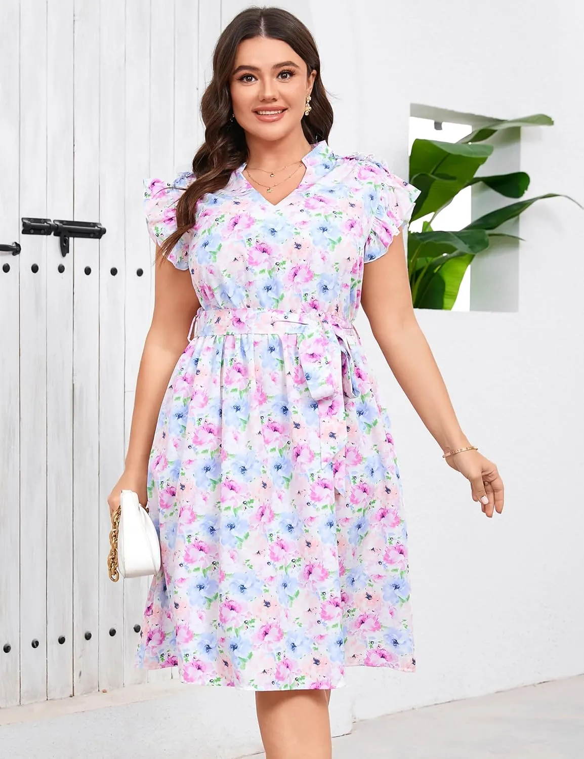 BLUEMING Women's Plus Size Summer Floral Dress V-Neck A-Line Cap Sleeve Belted Waist Midi Dress with Pockets