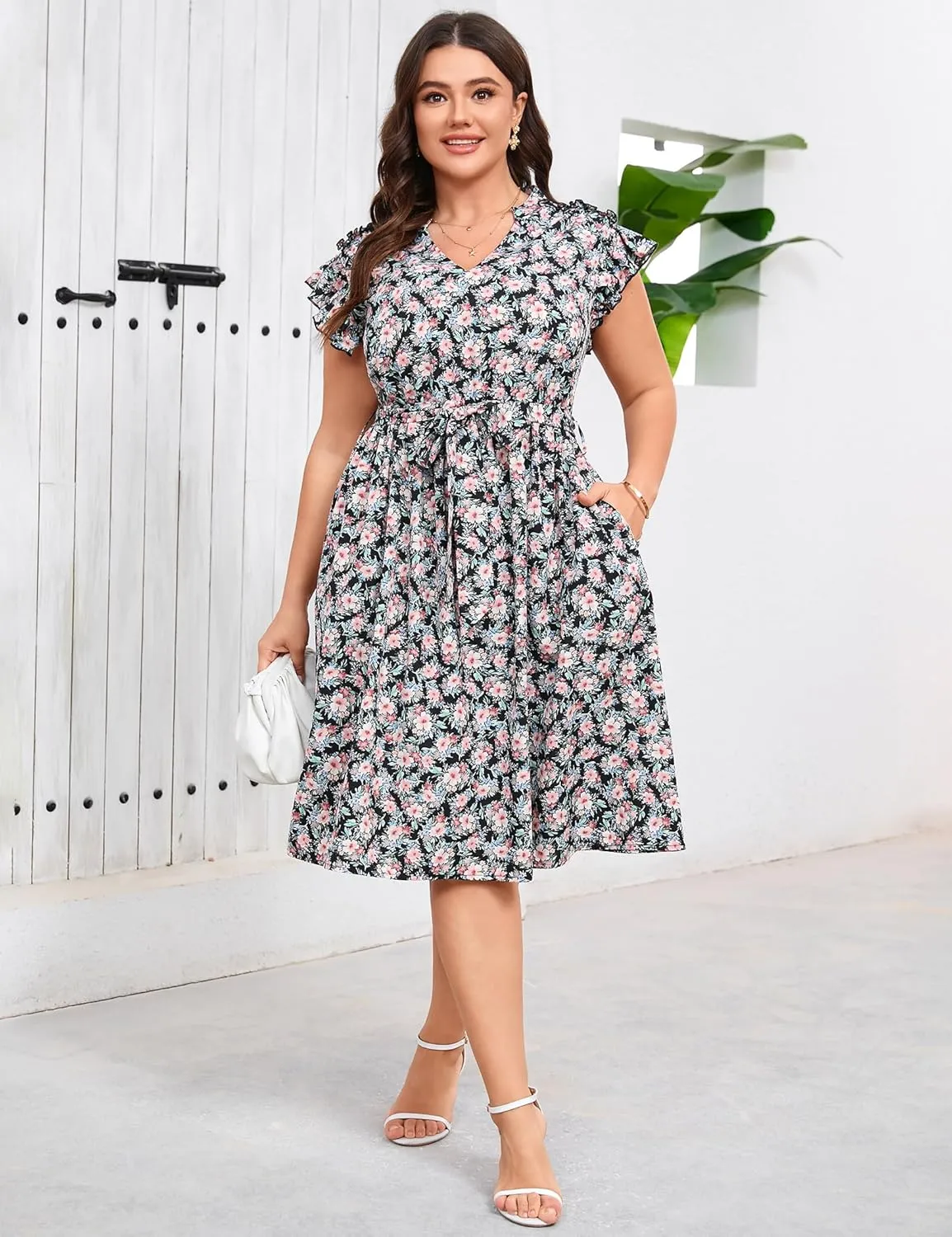 BLUEMING Women's Plus Size Summer Floral Dress V-Neck A-Line Cap Sleeve Belted Waist Midi Dress with Pockets