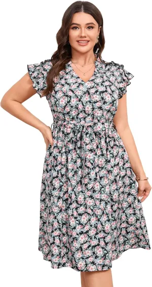 BLUEMING Women's Plus Size Summer Floral Dress V-Neck A-Line Cap Sleeve Belted Waist Midi Dress with Pockets