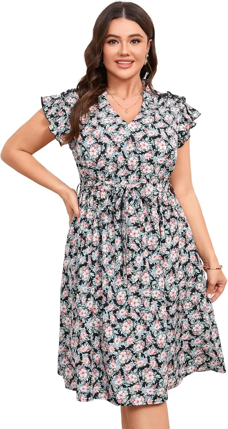 BLUEMING Women's Plus Size Summer Floral Dress V-Neck A-Line Cap Sleeve Belted Waist Midi Dress with Pockets