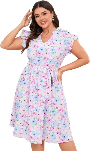 BLUEMING Women's Plus Size Summer Floral Dress V-Neck A-Line Cap Sleeve Belted Waist Midi Dress with Pockets