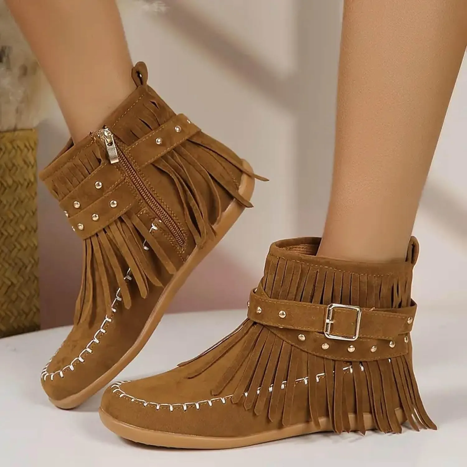 Boho Boots for Women Round Toe Suede Fringe Ankle Boots Vintage Casual Tassel Slip On Flats Mid Calf Short Dress Booties with Side Zipper