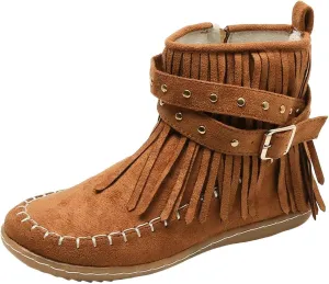 Boho Boots for Women Round Toe Suede Fringe Ankle Boots Vintage Casual Tassel Slip On Flats Mid Calf Short Dress Booties with Side Zipper