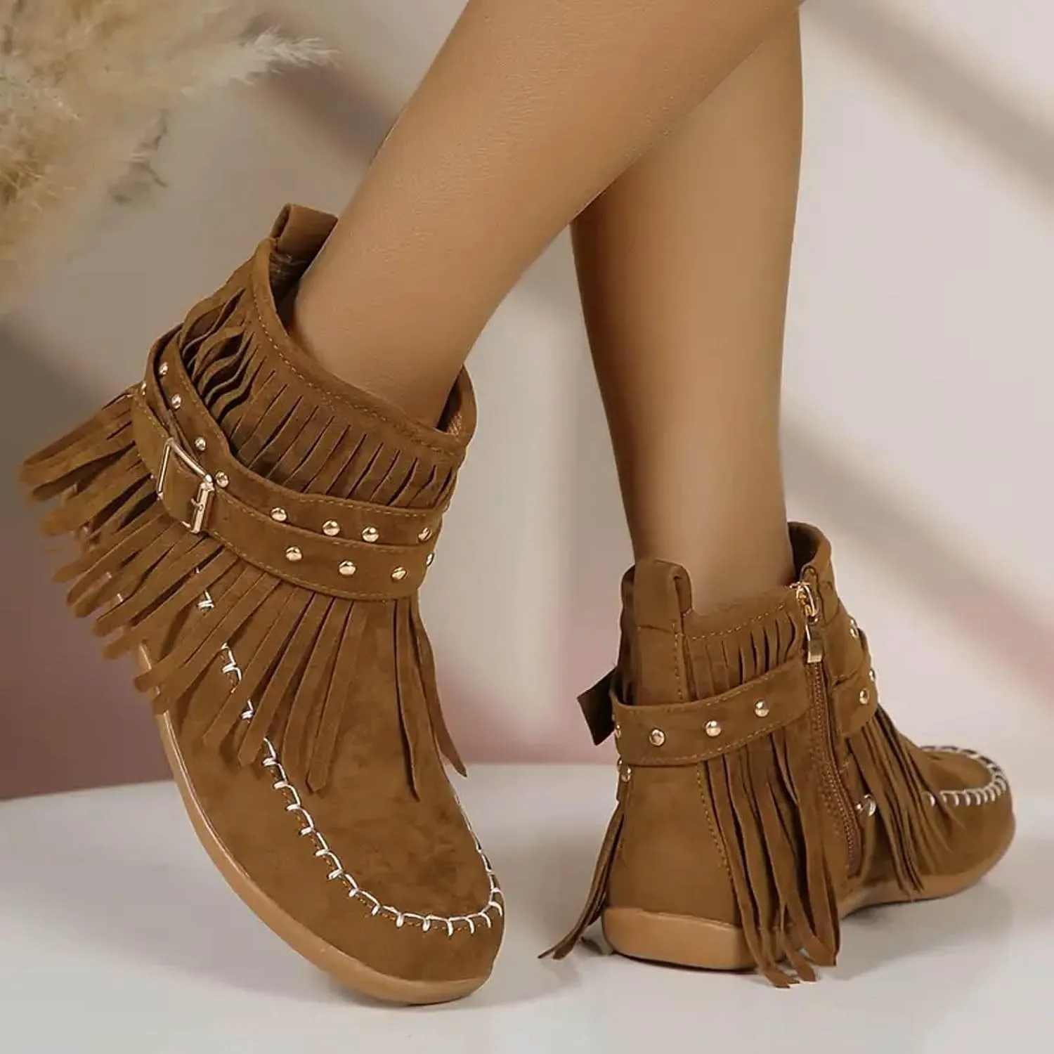 Boho Boots for Women Round Toe Suede Fringe Ankle Boots Vintage Casual Tassel Slip On Flats Mid Calf Short Dress Booties with Side Zipper