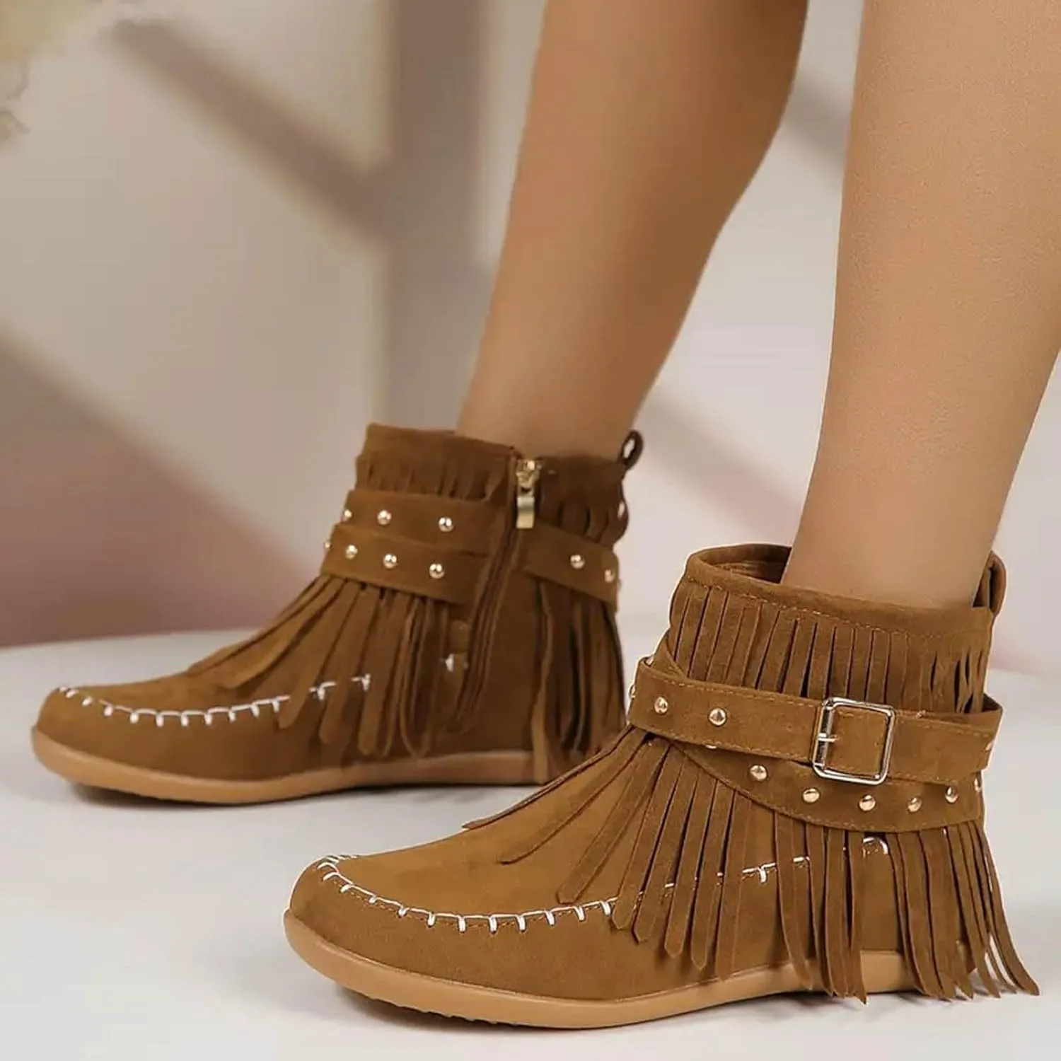 Boho Boots for Women Round Toe Suede Fringe Ankle Boots Vintage Casual Tassel Slip On Flats Mid Calf Short Dress Booties with Side Zipper