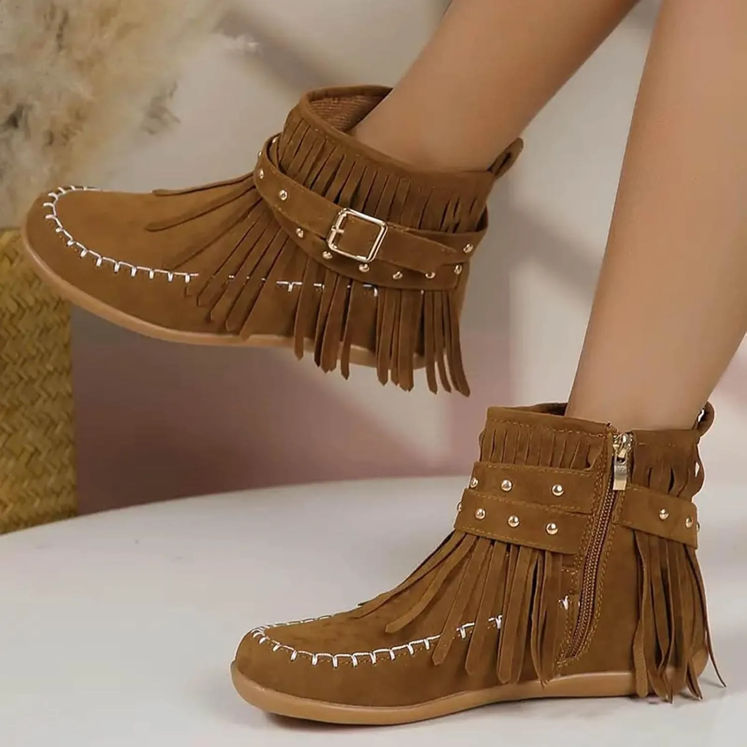 Boho Boots for Women Round Toe Suede Fringe Ankle Boots Vintage Casual Tassel Slip On Flats Mid Calf Short Dress Booties with Side Zipper