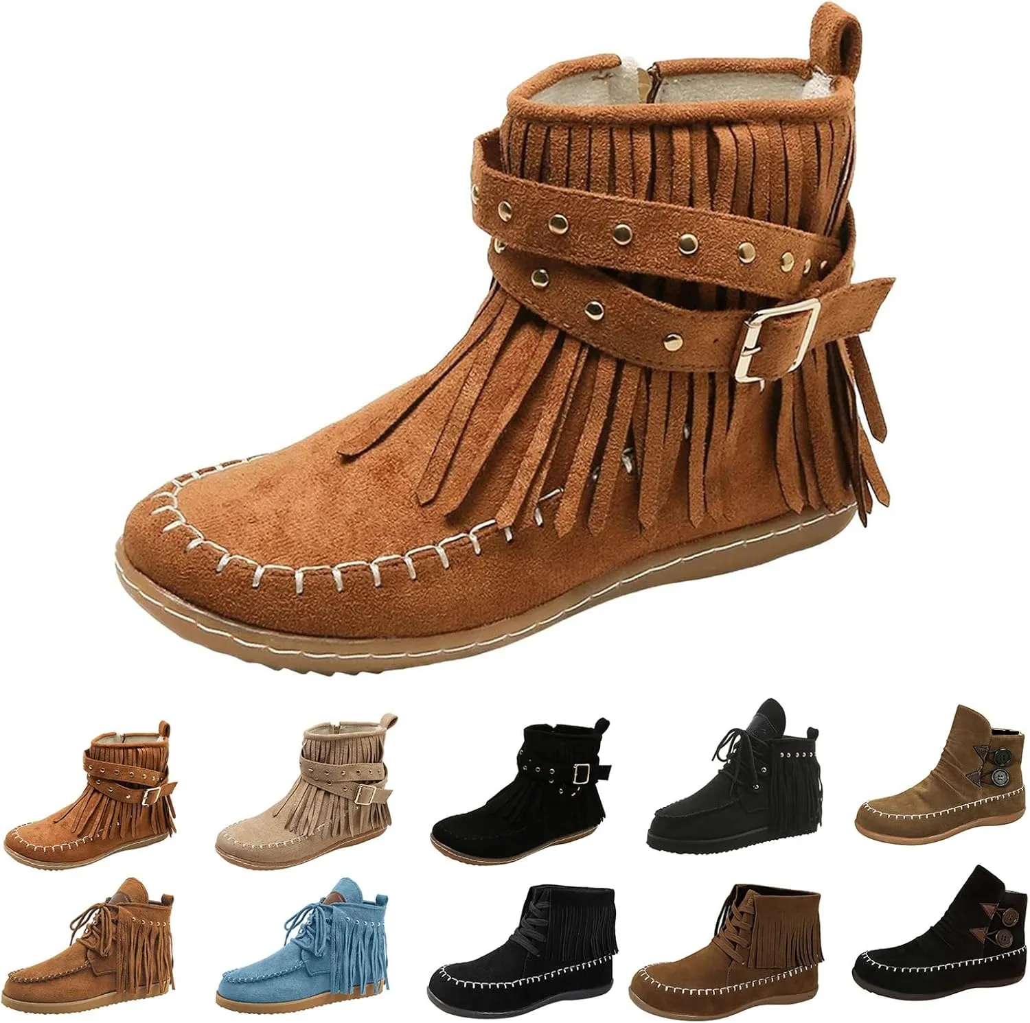 Boho Boots for Women Round Toe Suede Fringe Ankle Boots Vintage Casual Tassel Slip On Flats Mid Calf Short Dress Booties with Side Zipper