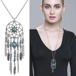 Boho Dream Catcher Long Necklaces Simple Silver Pendant Necklaces Jewelry for Women