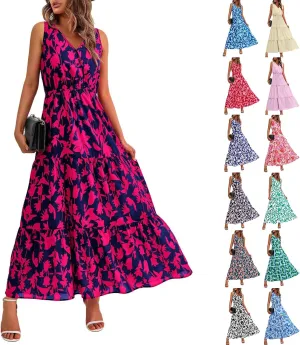 Boho Dresses for Women 2025 Summer Casual Flowy Floral Sleeveless Wrap Empire Waist Pleated Beach A Line Maxi Dresses
