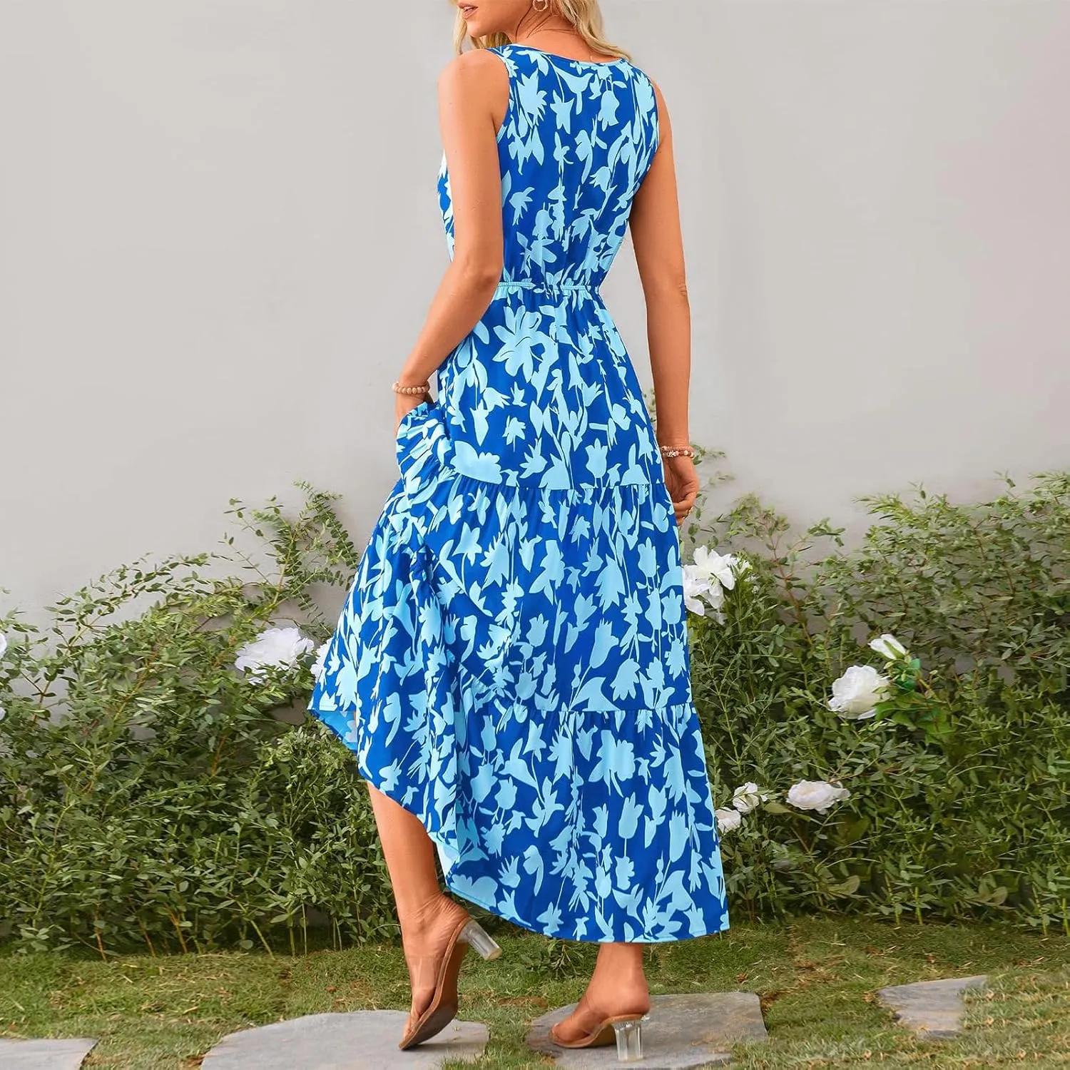 Boho Dresses for Women 2025 Summer Casual Flowy Floral Sleeveless Wrap Empire Waist Pleated Beach A Line Maxi Dresses