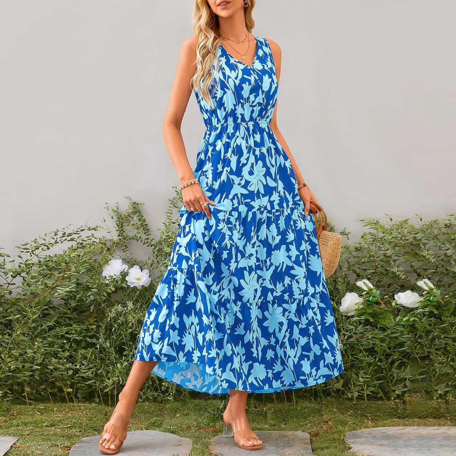 Boho Dresses for Women 2025 Summer Casual Flowy Floral Sleeveless Wrap Empire Waist Pleated Beach A Line Maxi Dresses