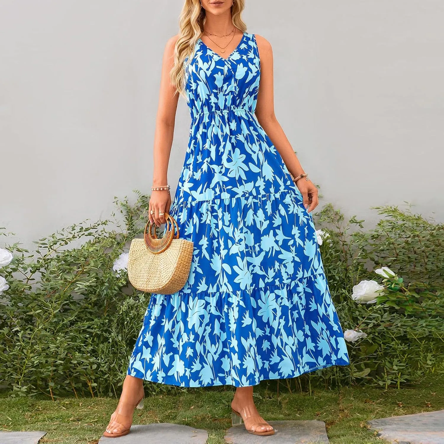 Boho Dresses for Women 2025 Summer Casual Flowy Floral Sleeveless Wrap Empire Waist Pleated Beach A Line Maxi Dresses