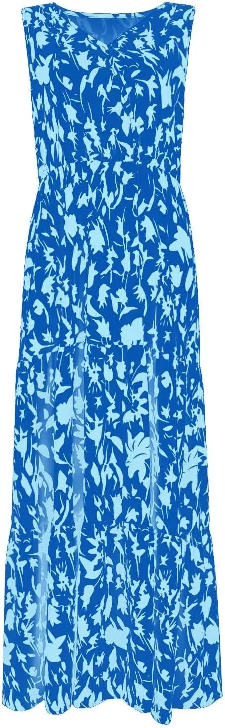 Boho Dresses for Women 2025 Summer Casual Flowy Floral Sleeveless Wrap Empire Waist Pleated Beach A Line Maxi Dresses