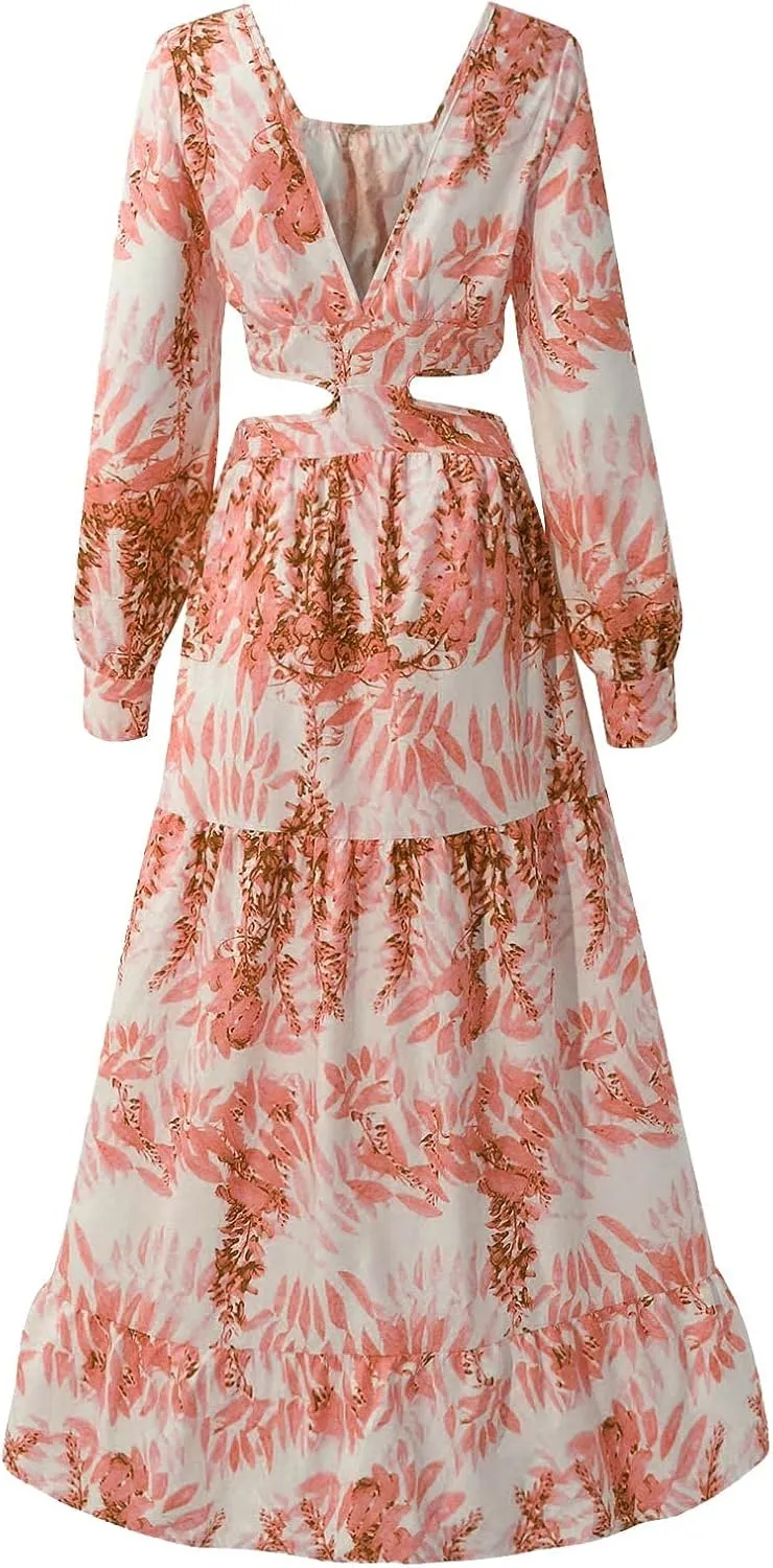 Boho Dresses for Women 2025 Summer Floral V-Neck Sleeves Puff Sleeve Maxi Dresses Flowy Beach Vacation Hawaiian Dress