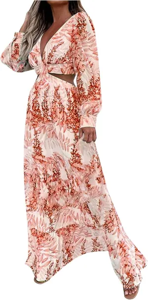 Boho Dresses for Women 2025 Summer Floral V-Neck Sleeves Puff Sleeve Maxi Dresses Flowy Beach Vacation Hawaiian Dress