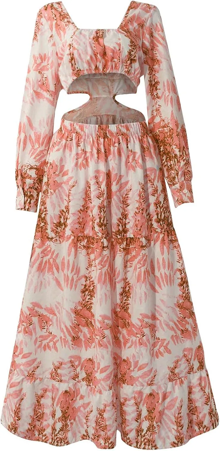 Boho Dresses for Women 2025 Summer Floral V-Neck Sleeves Puff Sleeve Maxi Dresses Flowy Beach Vacation Hawaiian Dress