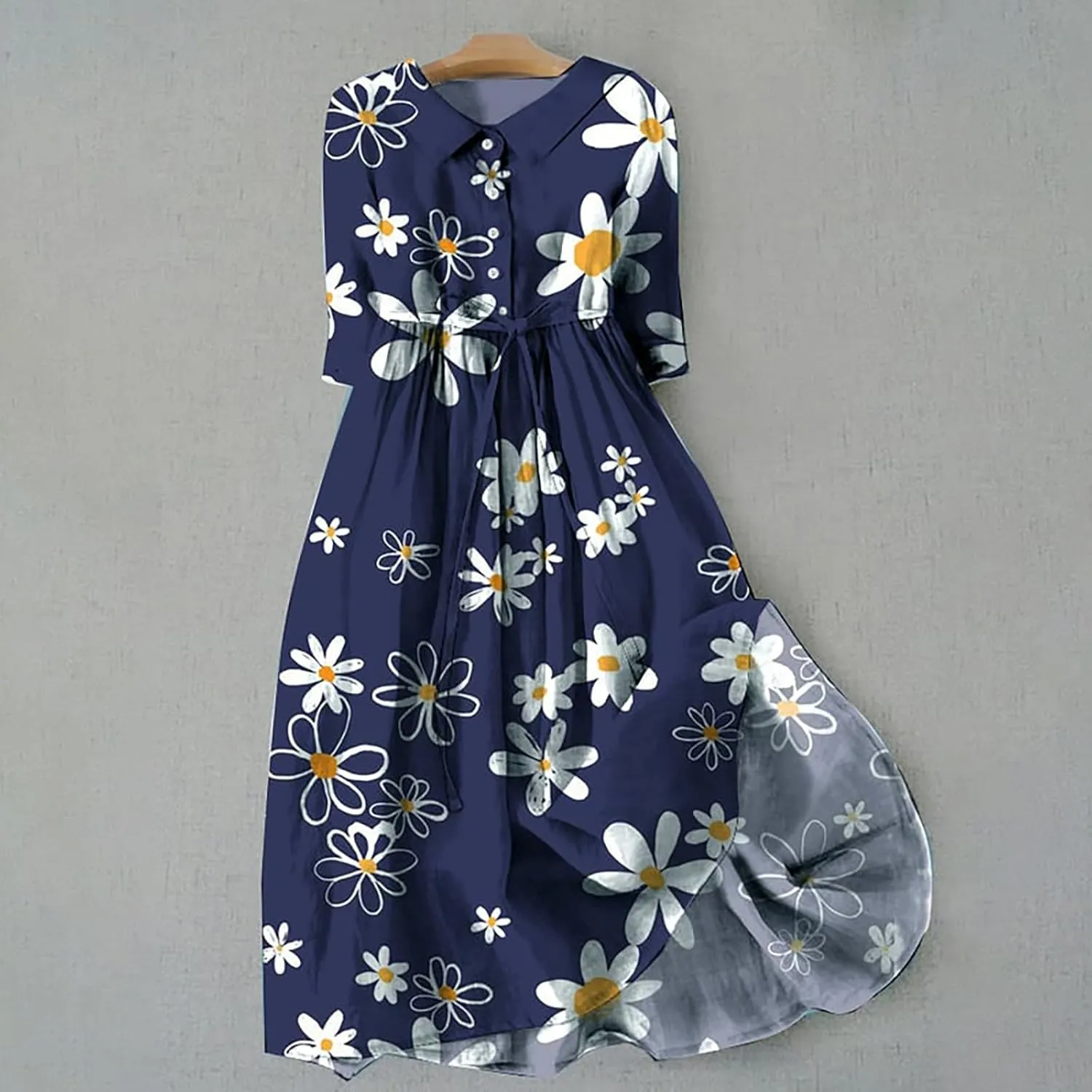 Boho Dresses for Women Linen Short Sleeve Lapel Collar Floral Midi Dress Button Lace-Up A Line Casual Flowy Outfits