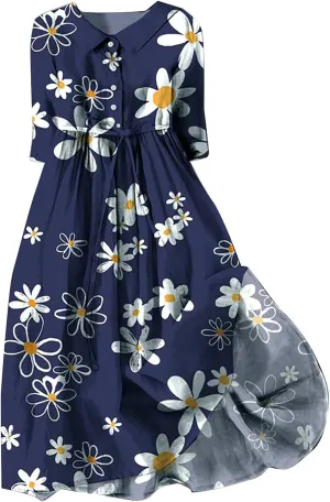 Boho Dresses for Women Linen Short Sleeve Lapel Collar Floral Midi Dress Button Lace-Up A Line Casual Flowy Outfits