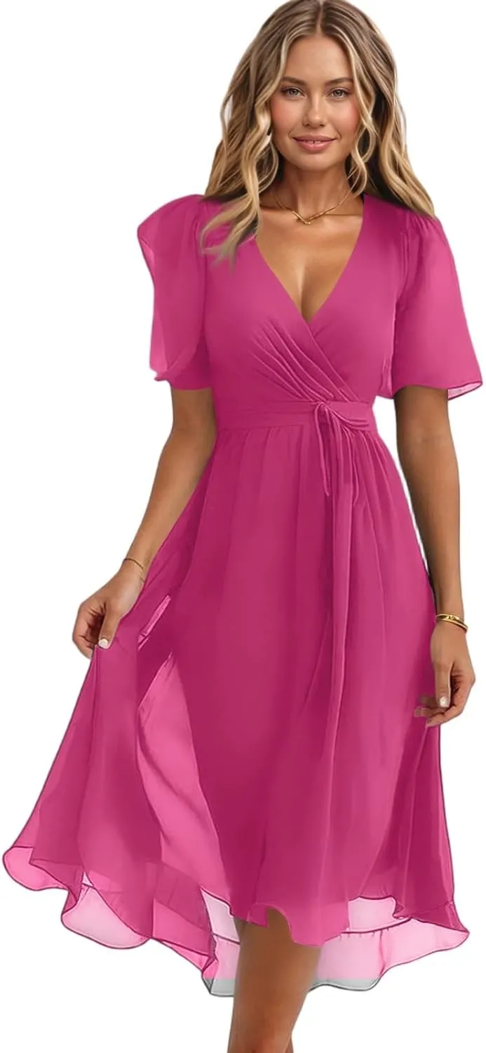 Boho Dresses for Women,2025 Summer Trendy Floral Chiffon Midi Dress,Elegant V Neck Belted Flowy Beach Vacation Dress