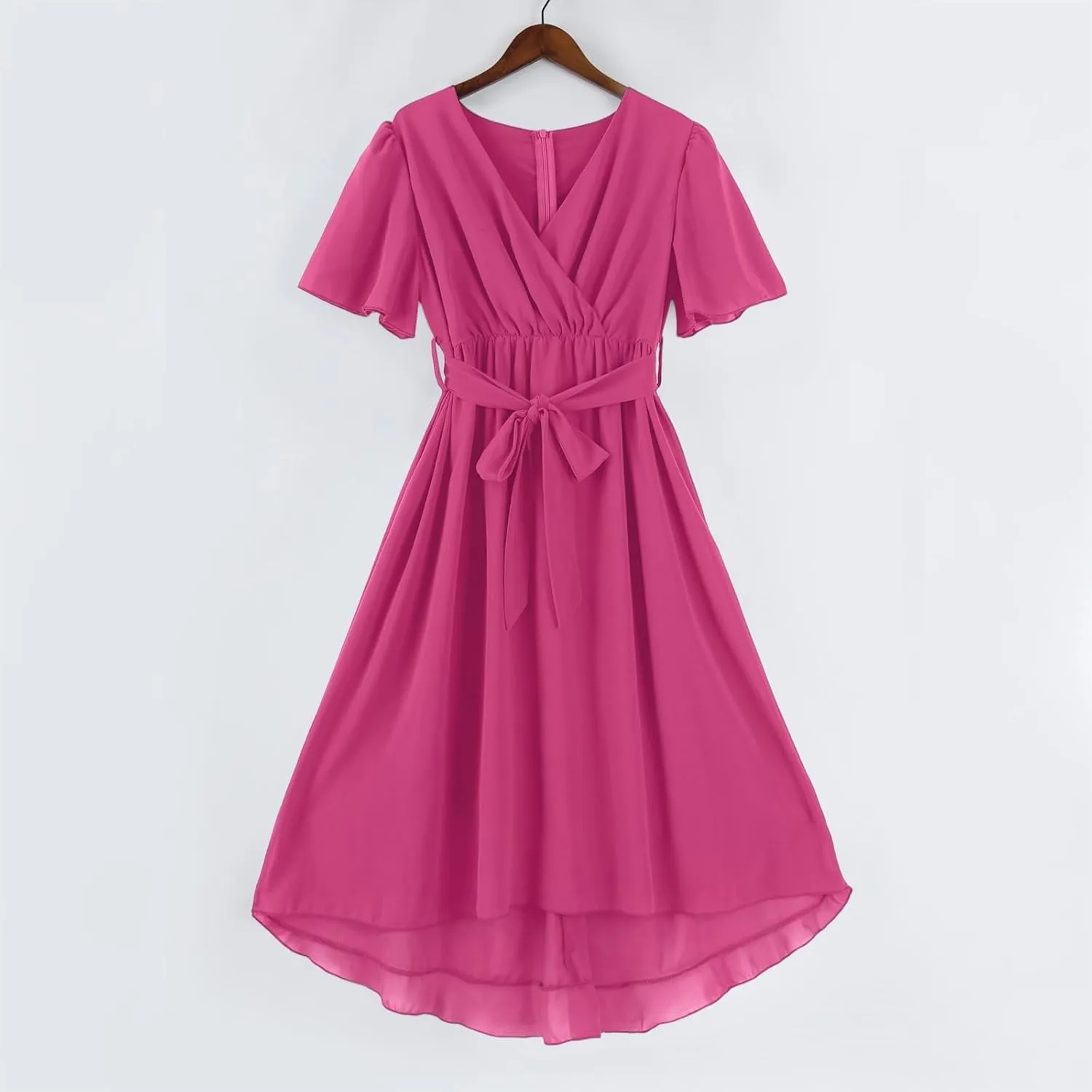 Boho Dresses for Women,2025 Summer Trendy Floral Chiffon Midi Dress,Elegant V Neck Belted Flowy Beach Vacation Dress