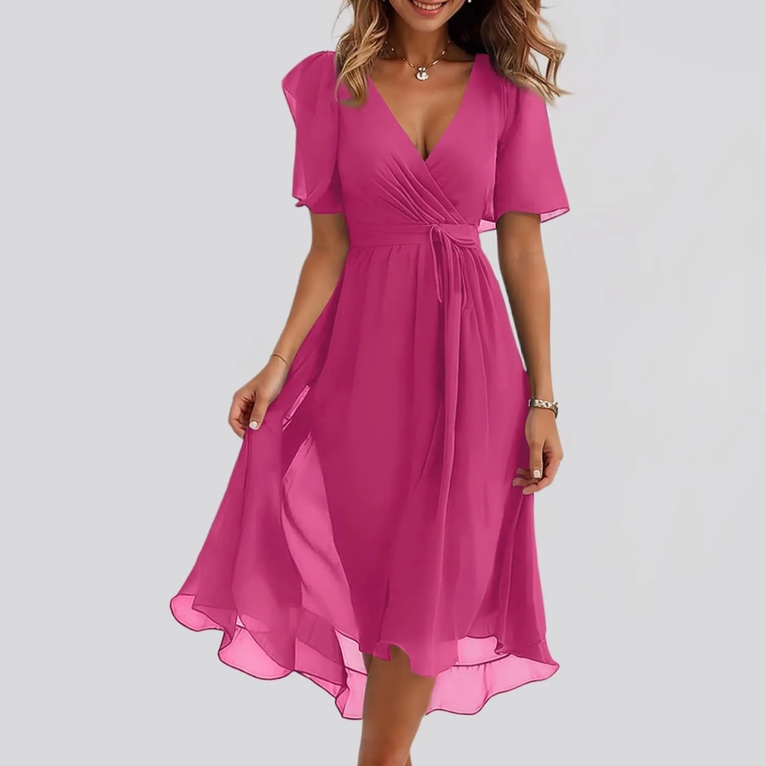 Boho Dresses for Women,2025 Summer Trendy Floral Chiffon Midi Dress,Elegant V Neck Belted Flowy Beach Vacation Dress