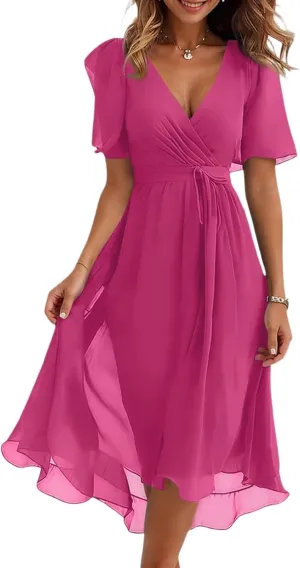 Boho Dresses for Women,2025 Summer Trendy Floral Chiffon Midi Dress,Elegant V Neck Belted Flowy Beach Vacation Dress