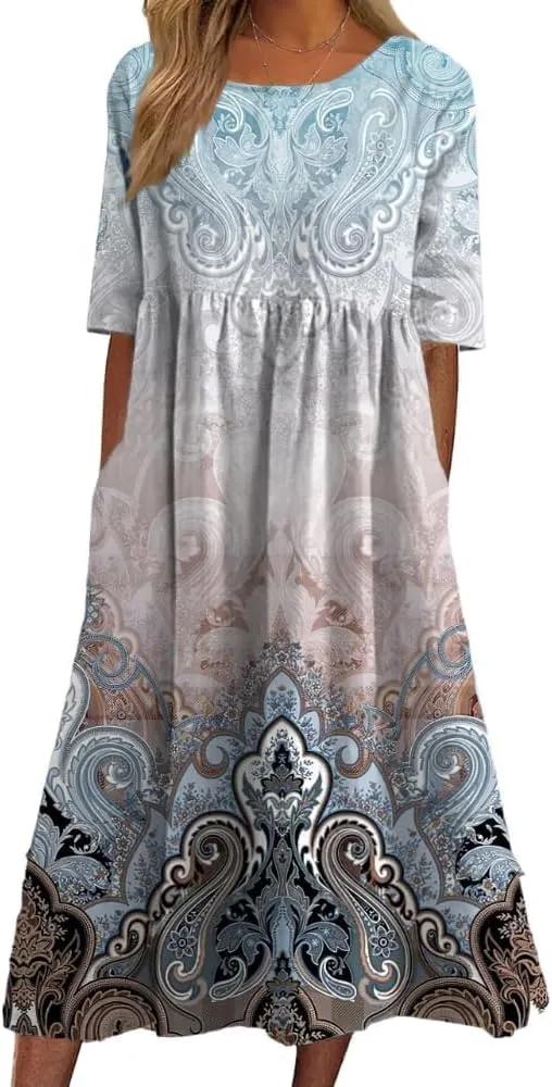 Boho Floral Dresses for Women 2025 Casual Crew Neck Short Sleeve Midi Dress Summer Loose Flowy Dress with Pockets