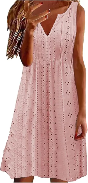 Boho Spring Dress for Women, Elegant V Neck Lace Midi Dress Hollow Out Sleeveless Plus Size Shirts Tank Dresses S-5Xl Amazon Outlet Clearance Today's Christmas Deals Pink