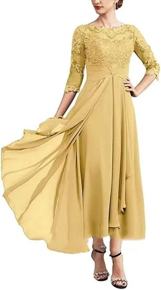 Bride Dresses for Wedding 3/4 Sleeves Formal Dress Chiffon Evening Gown Applique Lace Up