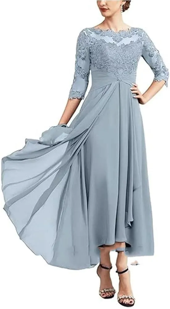Bride Dresses for Wedding 3/4 Sleeves Formal Dress Chiffon Evening Gown Applique Lace Up