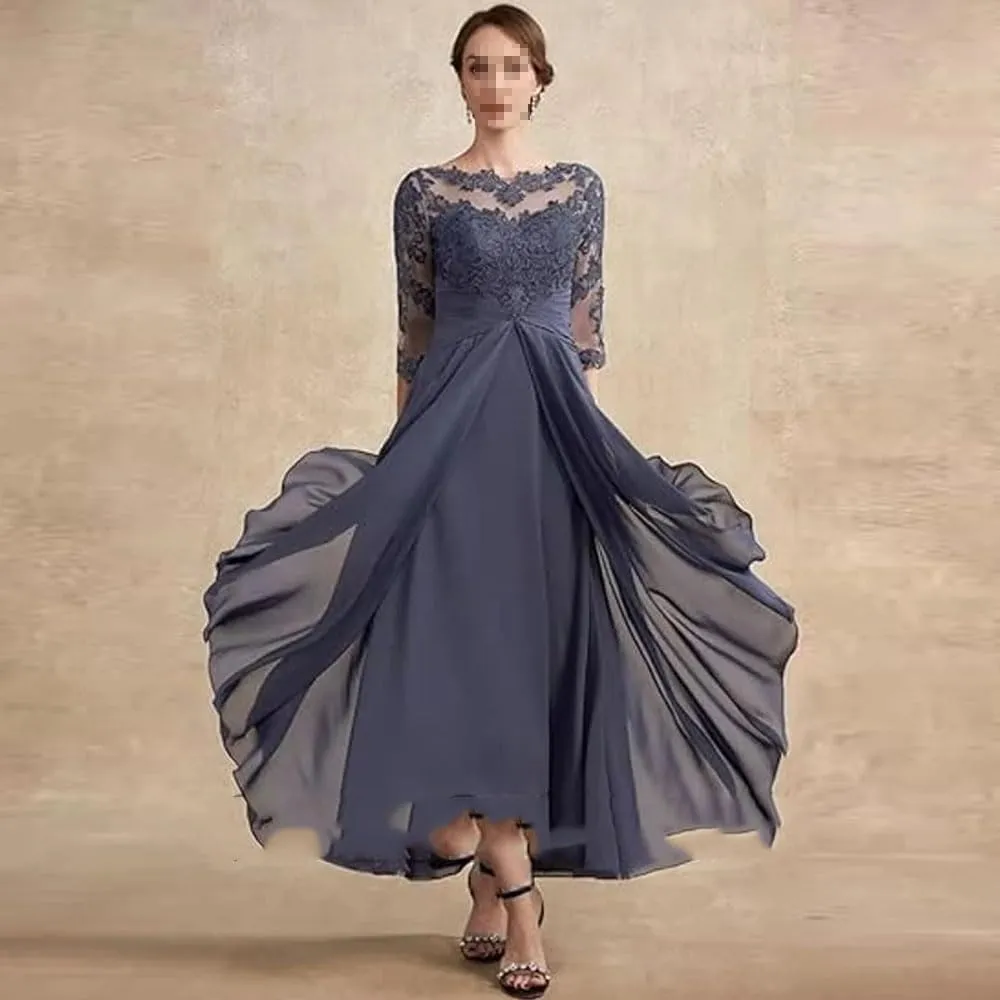 Bride Dresses for Wedding 3/4 Sleeves Formal Dress Chiffon Evening Gown Applique Lace Up
