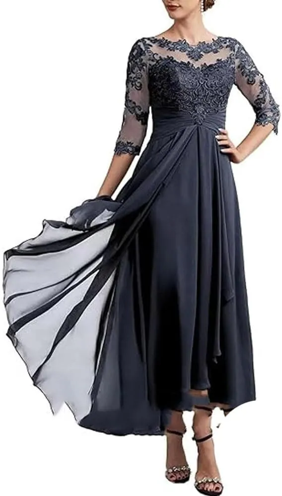 Bride Dresses for Wedding 3/4 Sleeves Formal Dress Chiffon Evening Gown Applique Lace Up