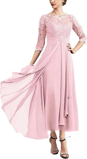 Bride Dresses for Wedding 3/4 Sleeves Formal Dress Chiffon Evening Gown Applique Lace Up