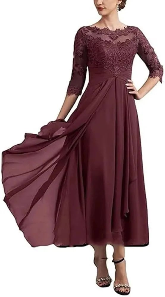 Bride Dresses for Wedding 3/4 Sleeves Formal Dress Chiffon Evening Gown Applique Lace Up