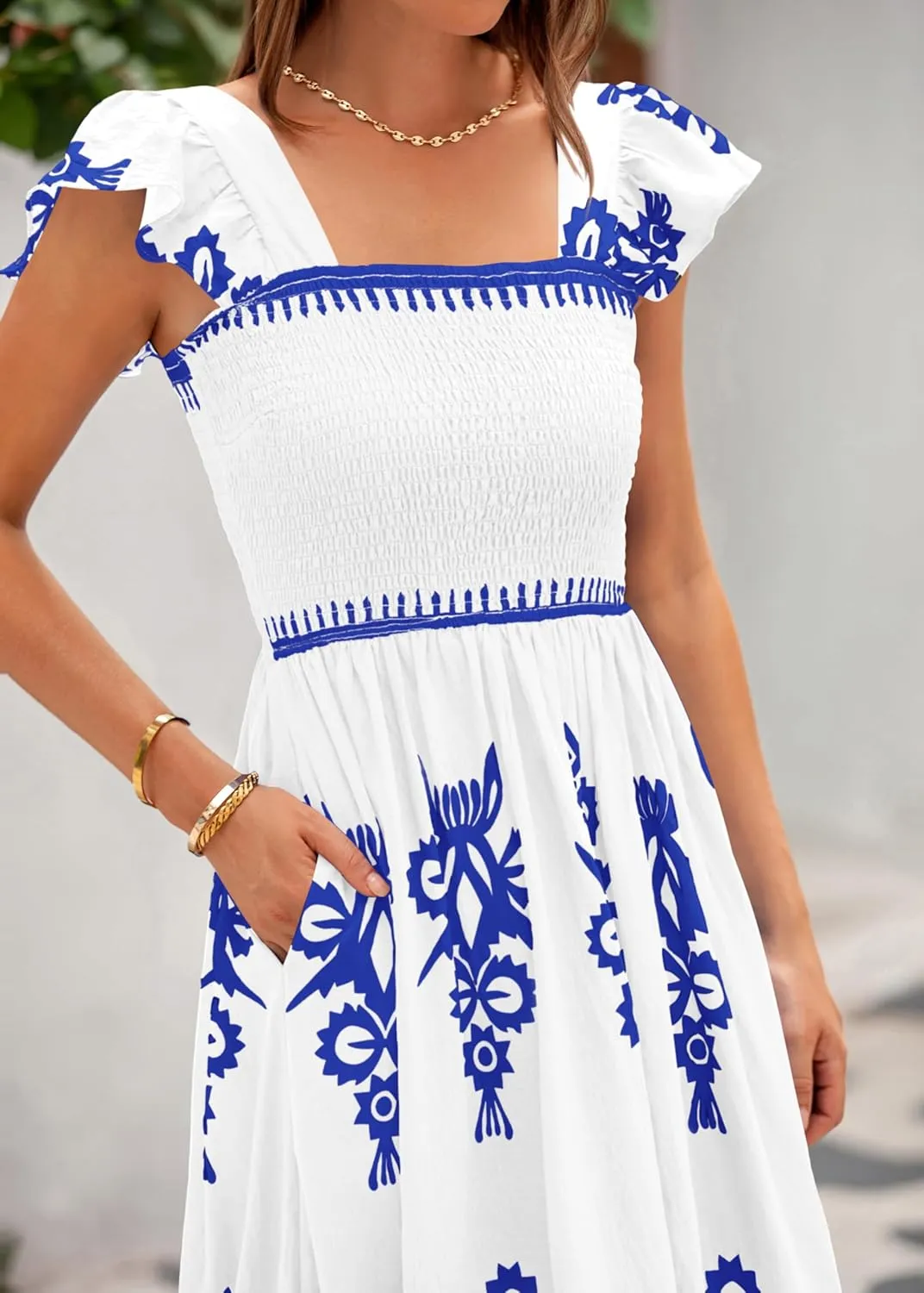 BTFBM Summer Dresses for Women 2025 Floral Smocked Boho Sleeveless Square Neck A Line Casual Beach Maxi Dress Pockets