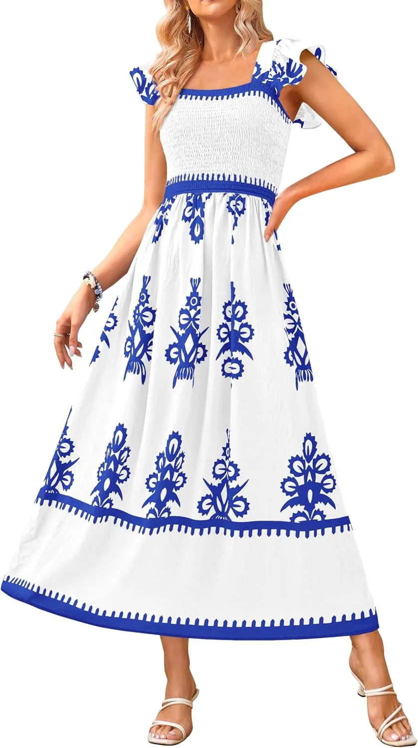 BTFBM Summer Dresses for Women 2025 Floral Smocked Boho Sleeveless Square Neck A Line Casual Beach Maxi Dress Pockets