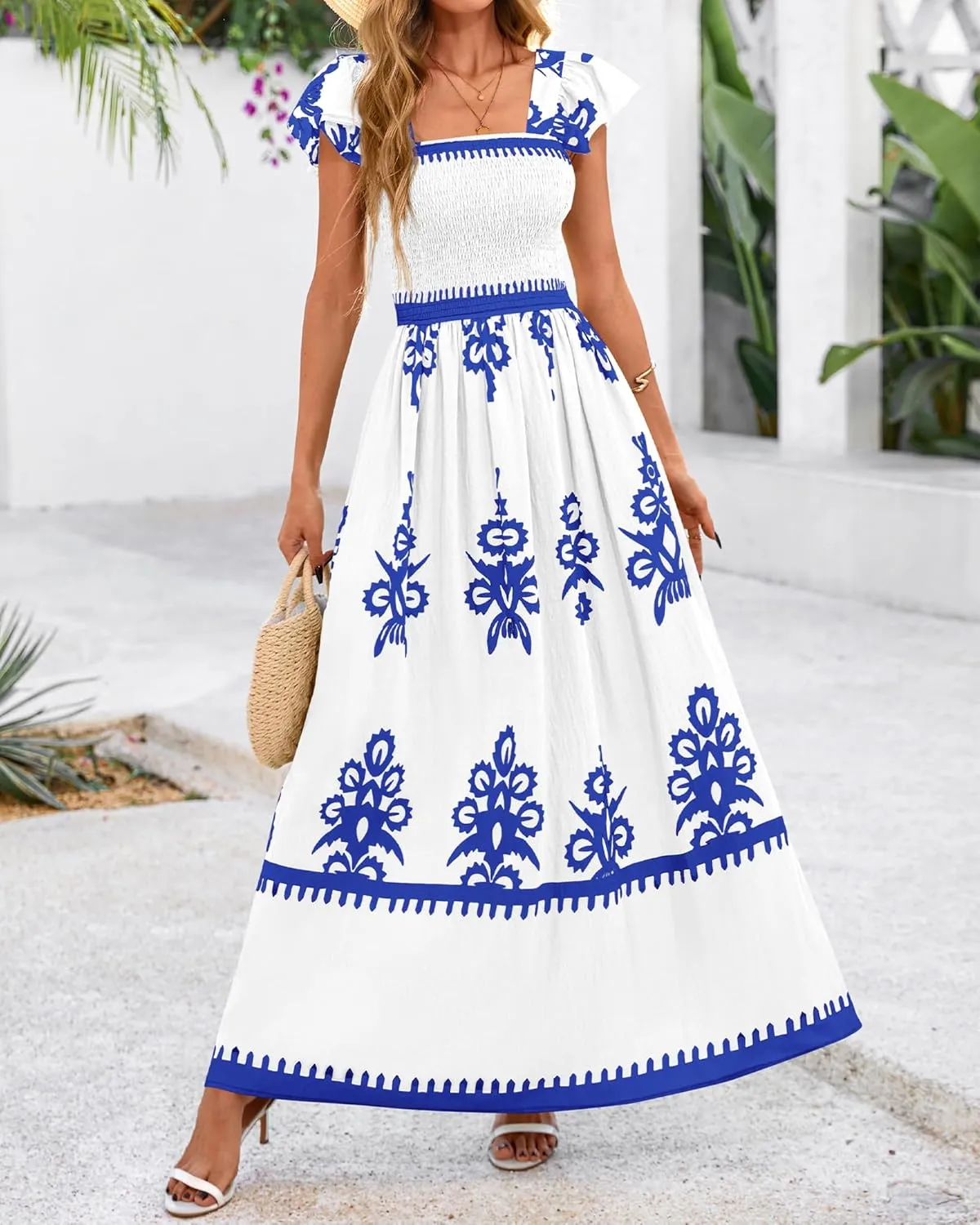 BTFBM Summer Dresses for Women 2025 Floral Smocked Boho Sleeveless Square Neck A Line Casual Beach Maxi Dress Pockets