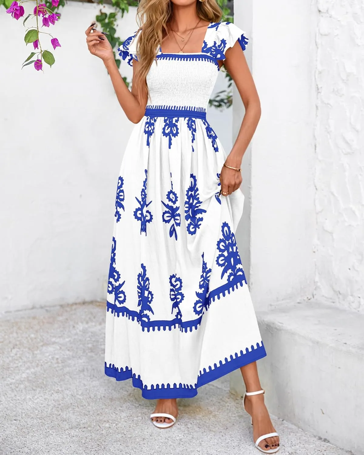 BTFBM Summer Dresses for Women 2025 Floral Smocked Boho Sleeveless Square Neck A Line Casual Beach Maxi Dress Pockets