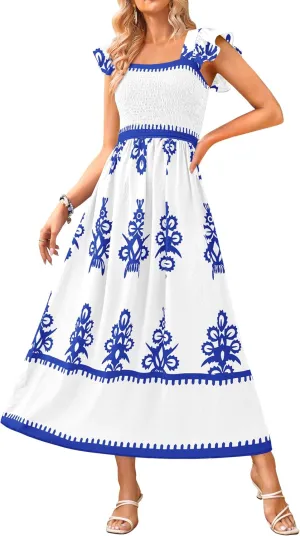BTFBM Summer Dresses for Women 2025 Floral Smocked Boho Sleeveless Square Neck A Line Casual Beach Maxi Dress Pockets