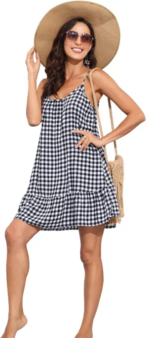 BUENOS NINOS Women's V Neck Floral Summer Dress Boho Printed Adjustable Spaghetti Strap Beach Short Dress with Pockets