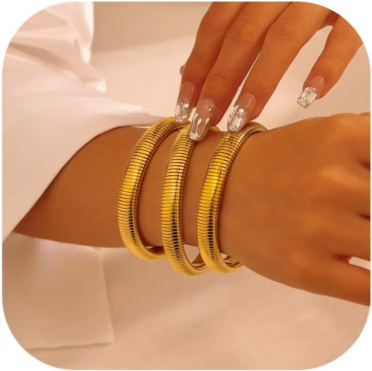 BUYITO Chunky Gold Bangles Bracelets for Women 18K Gold Plated Stainless Steels Stretch Bangles Flexible Wide Wristband Link Chain Cuff Bracelets Trendy Jewelry Gift