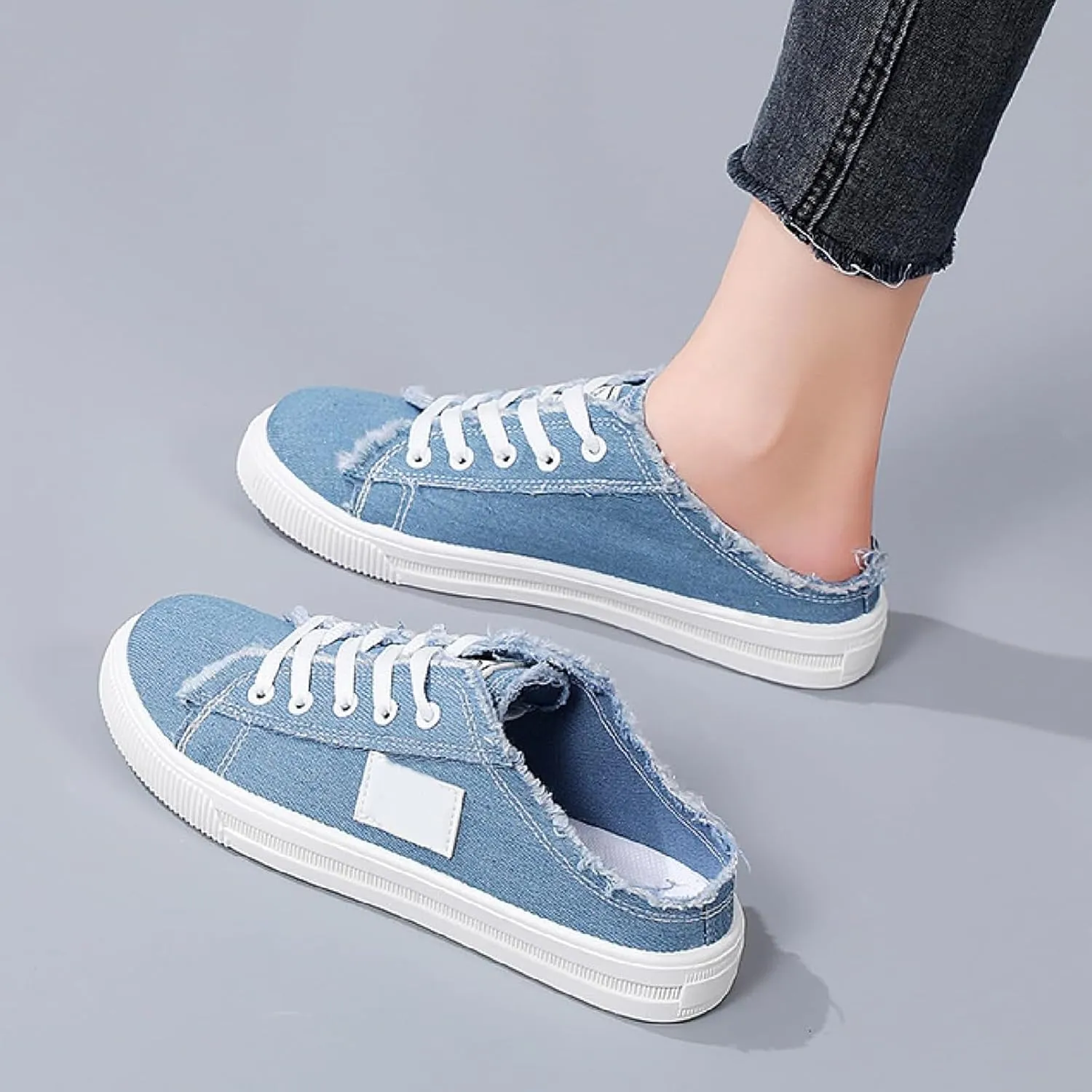 Canvas Mules Slip on Sneaker Fashion Comfortable Solid Slippers Casual Shoes Backless Fringed Hem Denim Autumn Style Spring Sports Preppy Flat Students New Retro Pull-on Sneakers Loafers