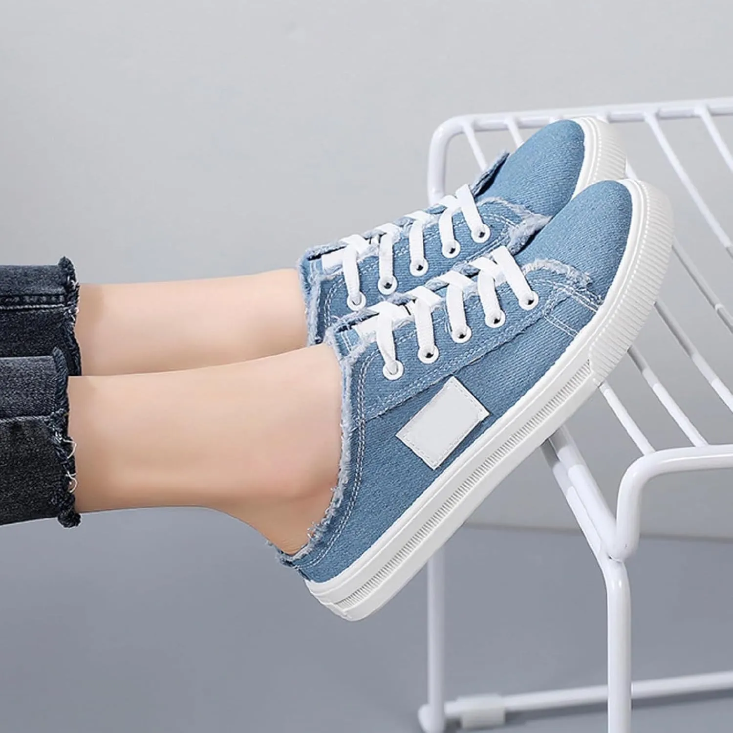Canvas Mules Slip on Sneaker Fashion Comfortable Solid Slippers Casual Shoes Backless Fringed Hem Denim Autumn Style Spring Sports Preppy Flat Students New Retro Pull-on Sneakers Loafers