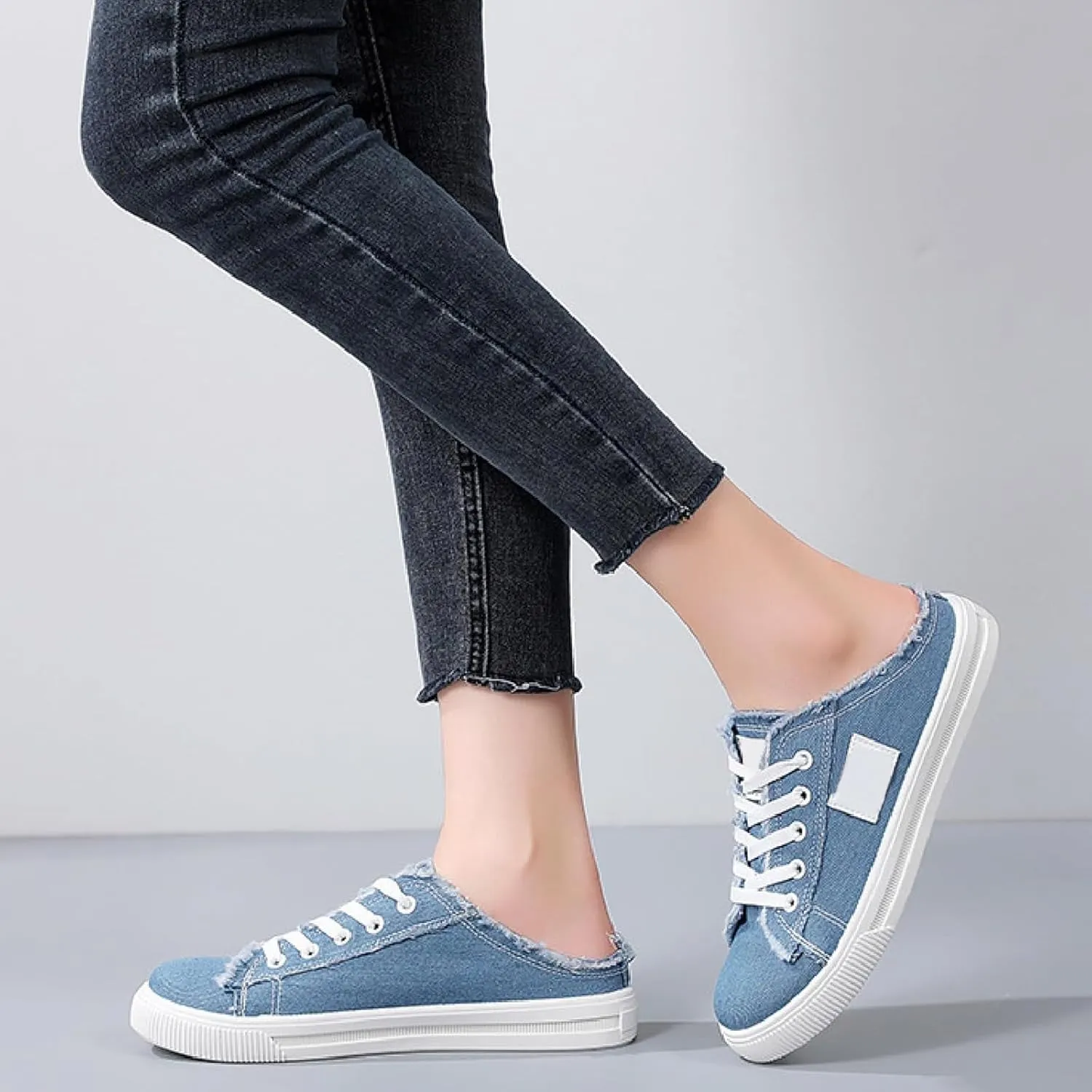 Canvas Mules Slip on Sneaker Fashion Comfortable Solid Slippers Casual Shoes Backless Fringed Hem Denim Autumn Style Spring Sports Preppy Flat Students New Retro Pull-on Sneakers Loafers