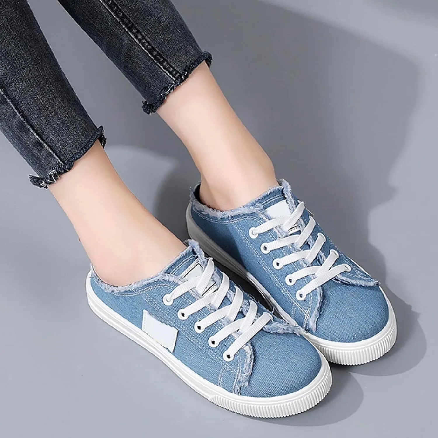Canvas Mules Slip on Sneaker Fashion Comfortable Solid Slippers Casual Shoes Backless Fringed Hem Denim Autumn Style Spring Sports Preppy Flat Students New Retro Pull-on Sneakers Loafers