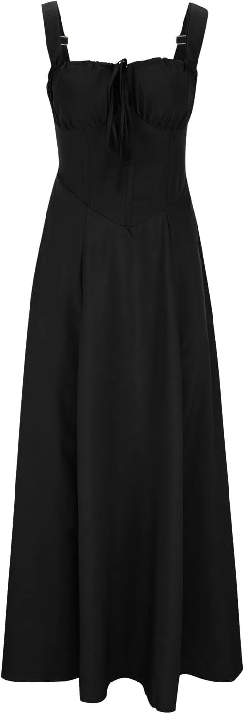 Casual Dresses for Woemn Sleeveless Lace Up Ruched Bodycon Split Tie Square Neck A Line Boho Flowy Maxi Sundress