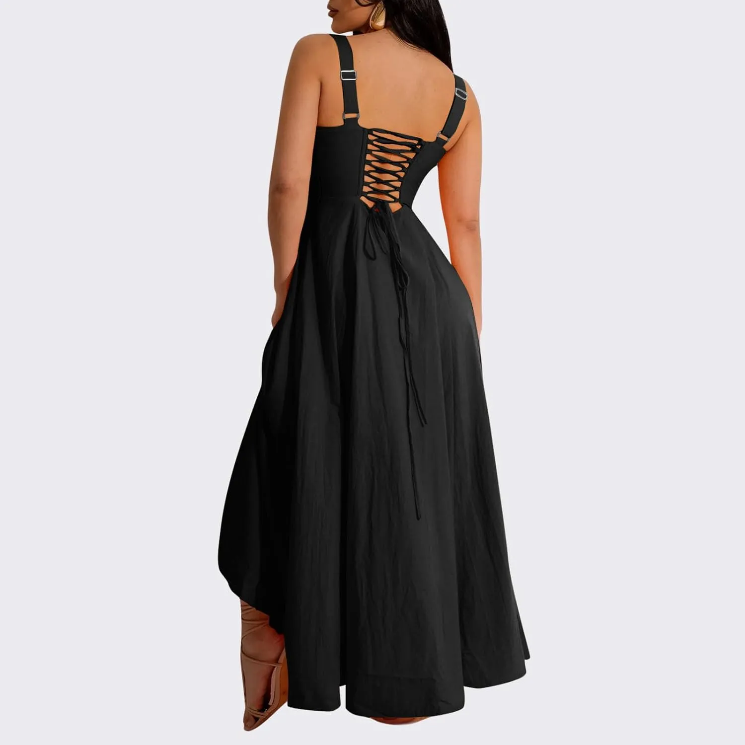 Casual Dresses for Woemn Sleeveless Lace Up Ruched Bodycon Split Tie Square Neck A Line Boho Flowy Maxi Sundress